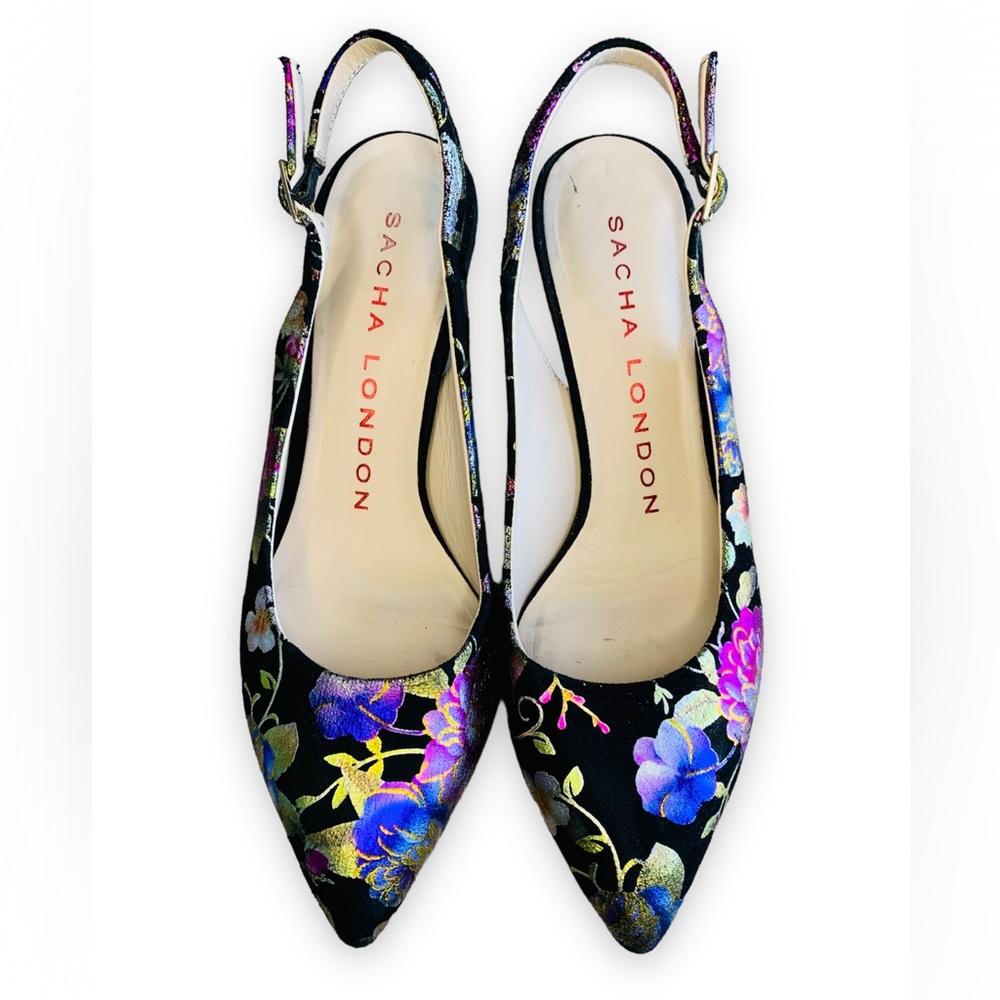 Sacha London Black Suede Floral Foil Slingback Heels Size 8.5